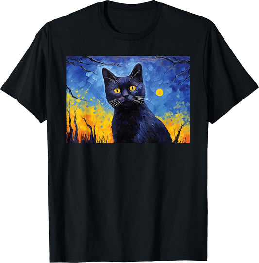 black cat Painting art Starry Night kitty kitten Van Gogh Men Women Kids T-Shirt - T-Shirt | Black