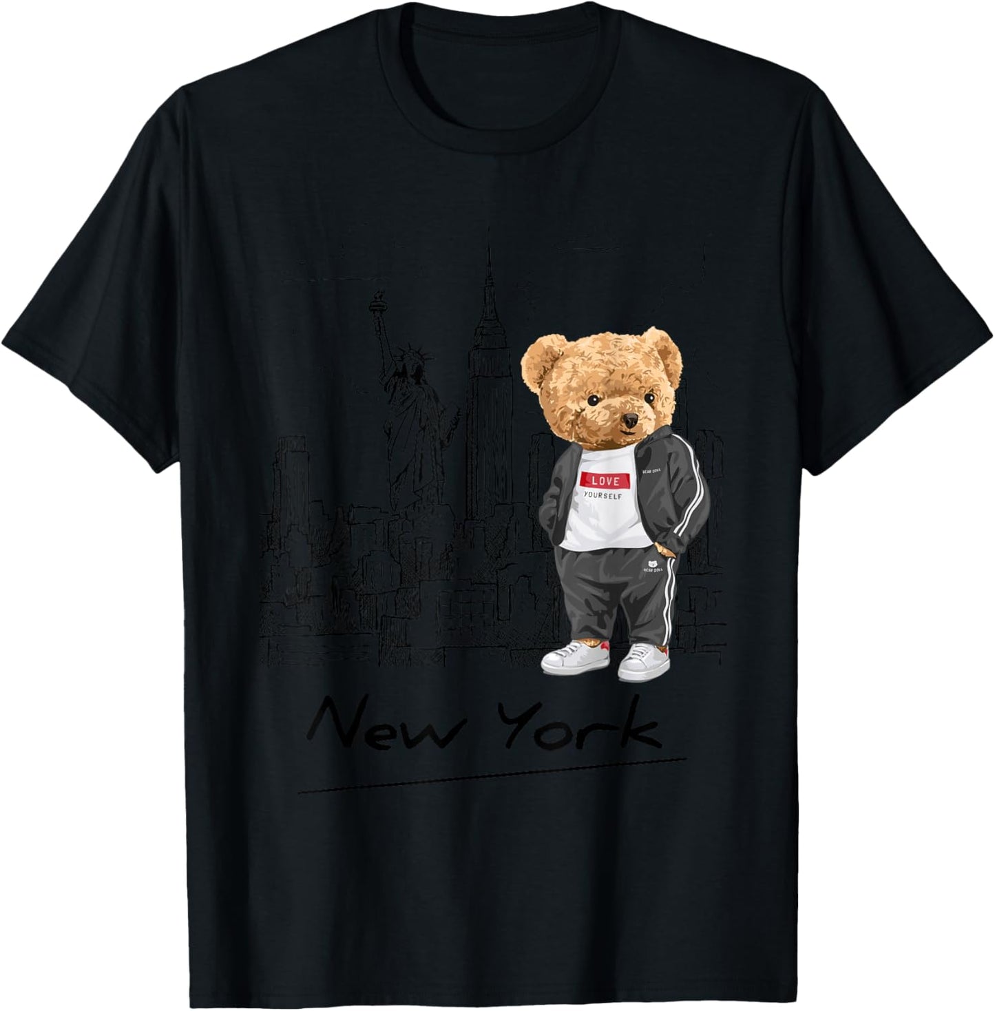 Cool New York City Teddy Bear Illustration Graphic Designs T-Shirt - T-Shirt | Black