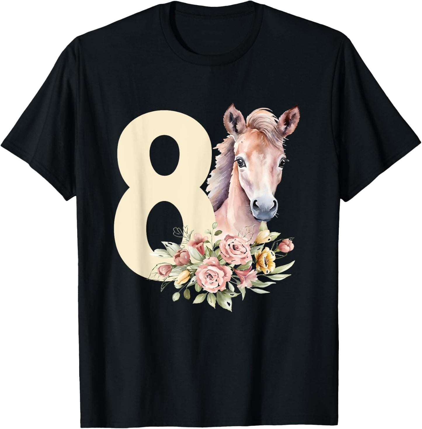 8th Horse Birthday Eight Year Old Girl Horse Lover Birthday T-Shirt - T-Shirt | Black