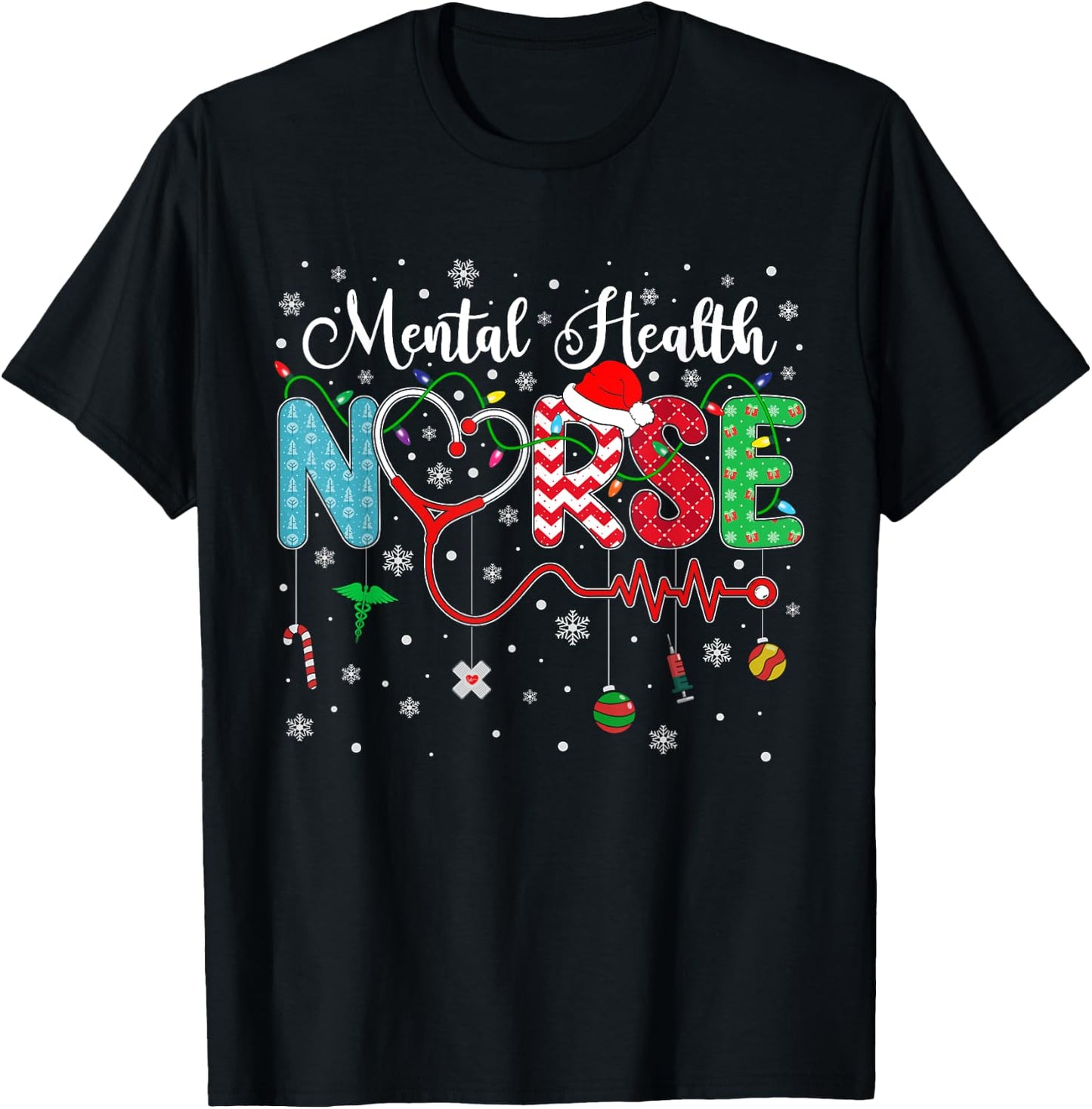 Merry Christmas Nurse Mental Health Nurse Christmas Pattern T-Shirt - T-Shirt | Black