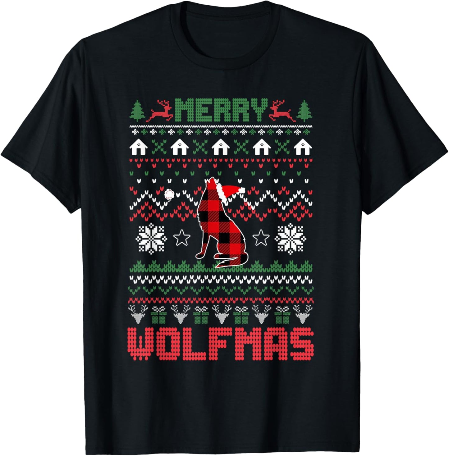 Funny Merry Wolfmas Ugly Christmas Sweater wolf Red Plaid T-Shirt - T-Shirt | Black