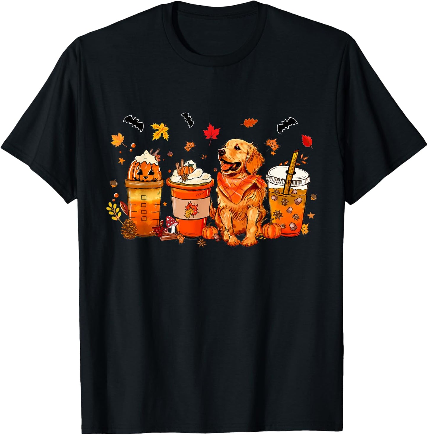 Golden Retriever Pumpkin Spice Coffee Latte Warm Fall Autumn T-Shirt - T-Shirt | Black