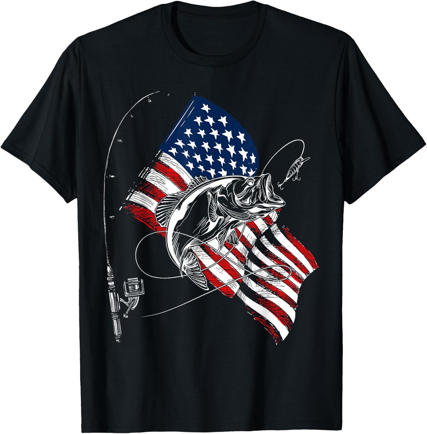 Fishing American Flag 4th Of July Fisherman Bass T-Shirt - T-Shirt | Black