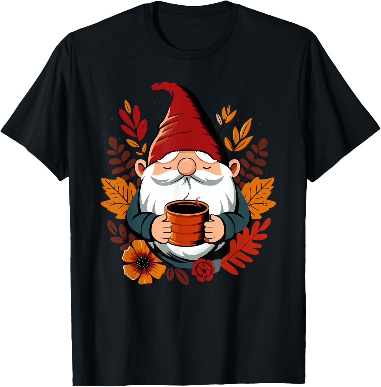 Fall Gnome with coffee cup T-Shirt - T-Shirt | Black