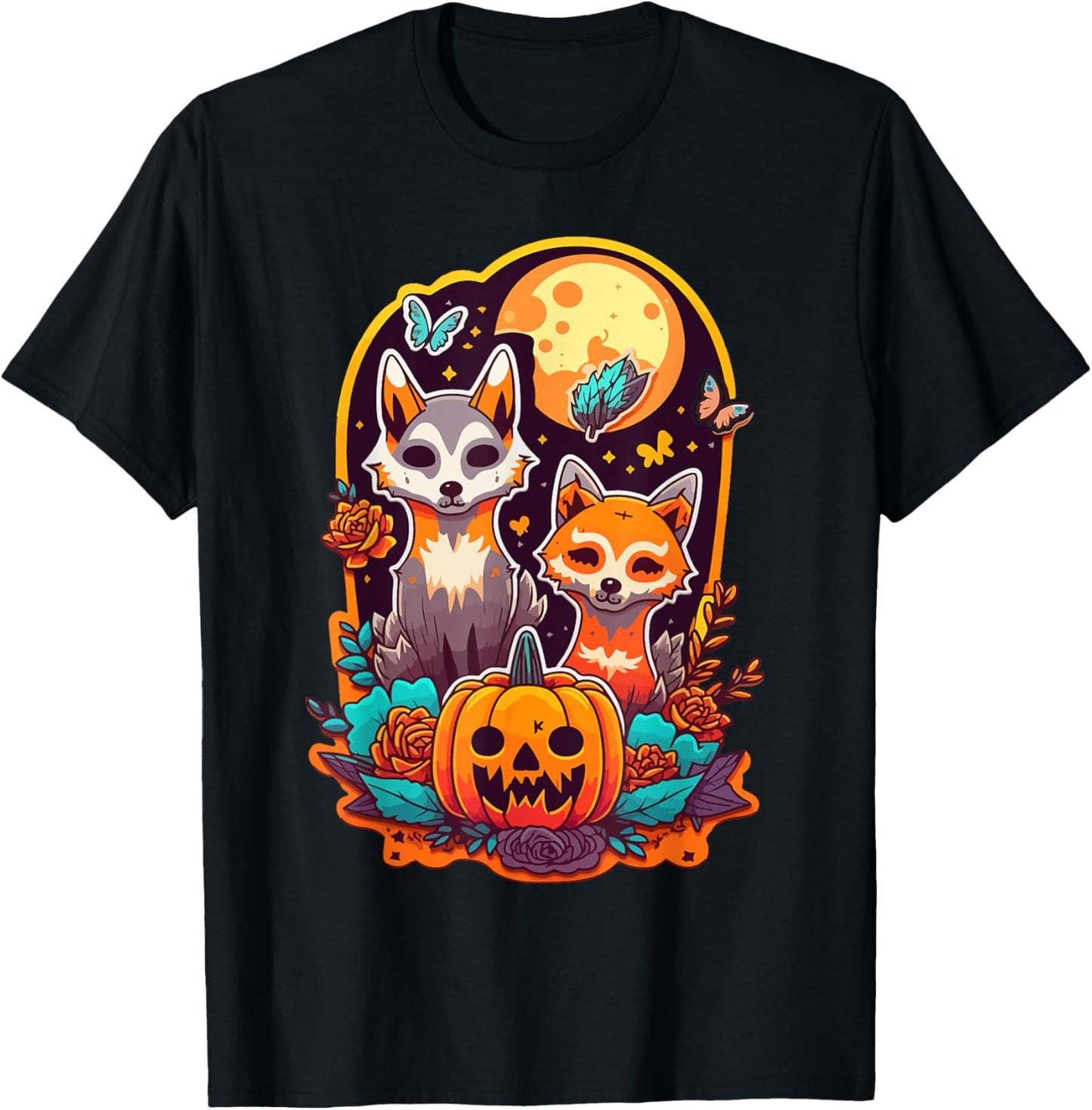 Sugar Skull Wolf Fox Cute Trick-or-treat Anime Halloween T-Shirt - T-Shirt | Black