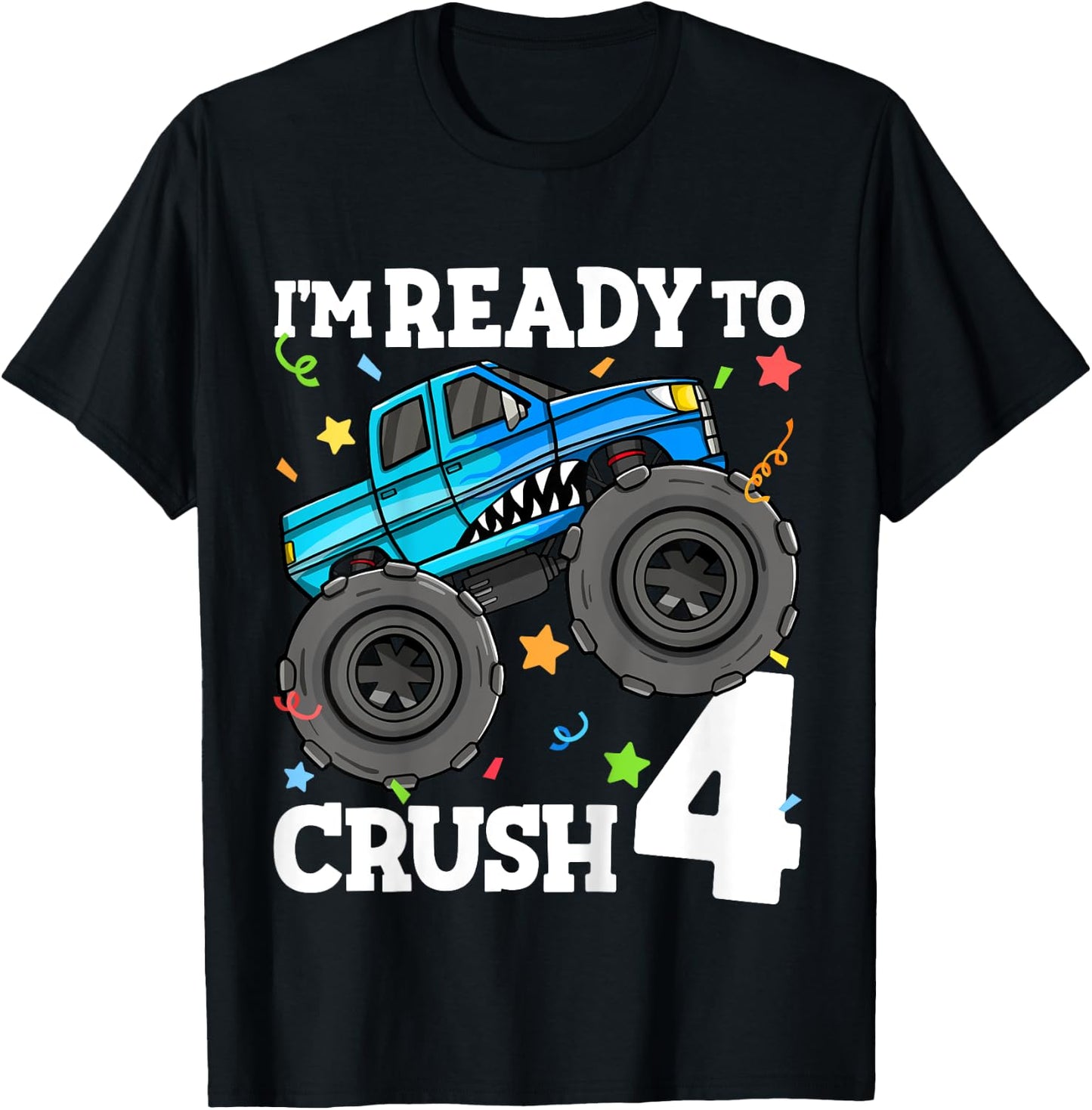 Kids Monster Truck Shark 4th Birthday Boy Toddler 4 Four Year Old T-Shirt - T-Shirt | Black