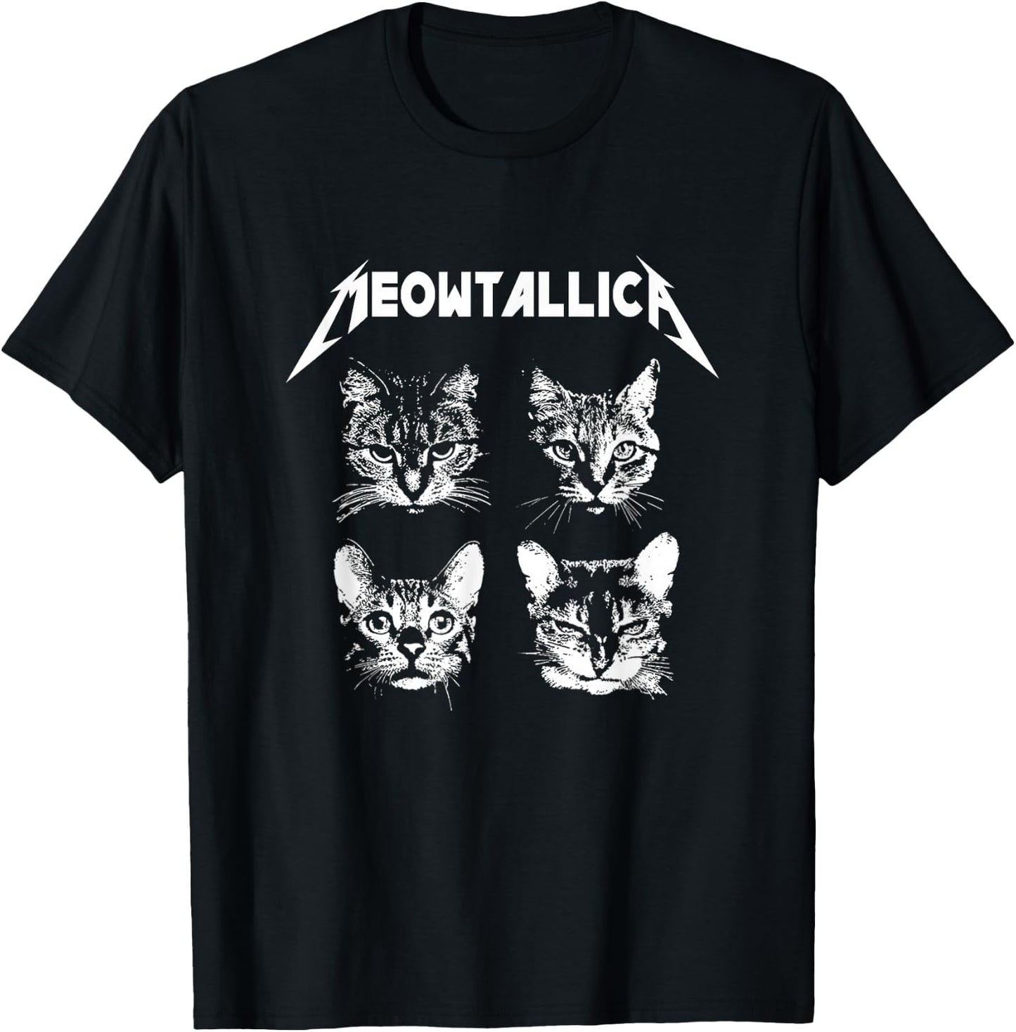 Meowtallica Black White Funny Parody Band Cat Kitten Lover T-Shirt - T-Shirt | Black