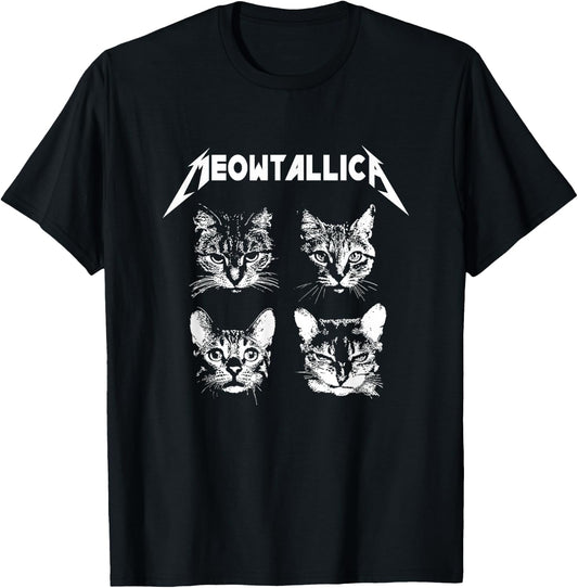 Meowtallica Black White Funny Parody Band Cat Kitten Lover T-Shirt - T-Shirt | Black