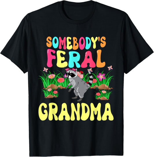 Somebody's Feral Grandma Cute Raccoon Bow Tie Flowers Animal T-Shirt - T-Shirt | Black