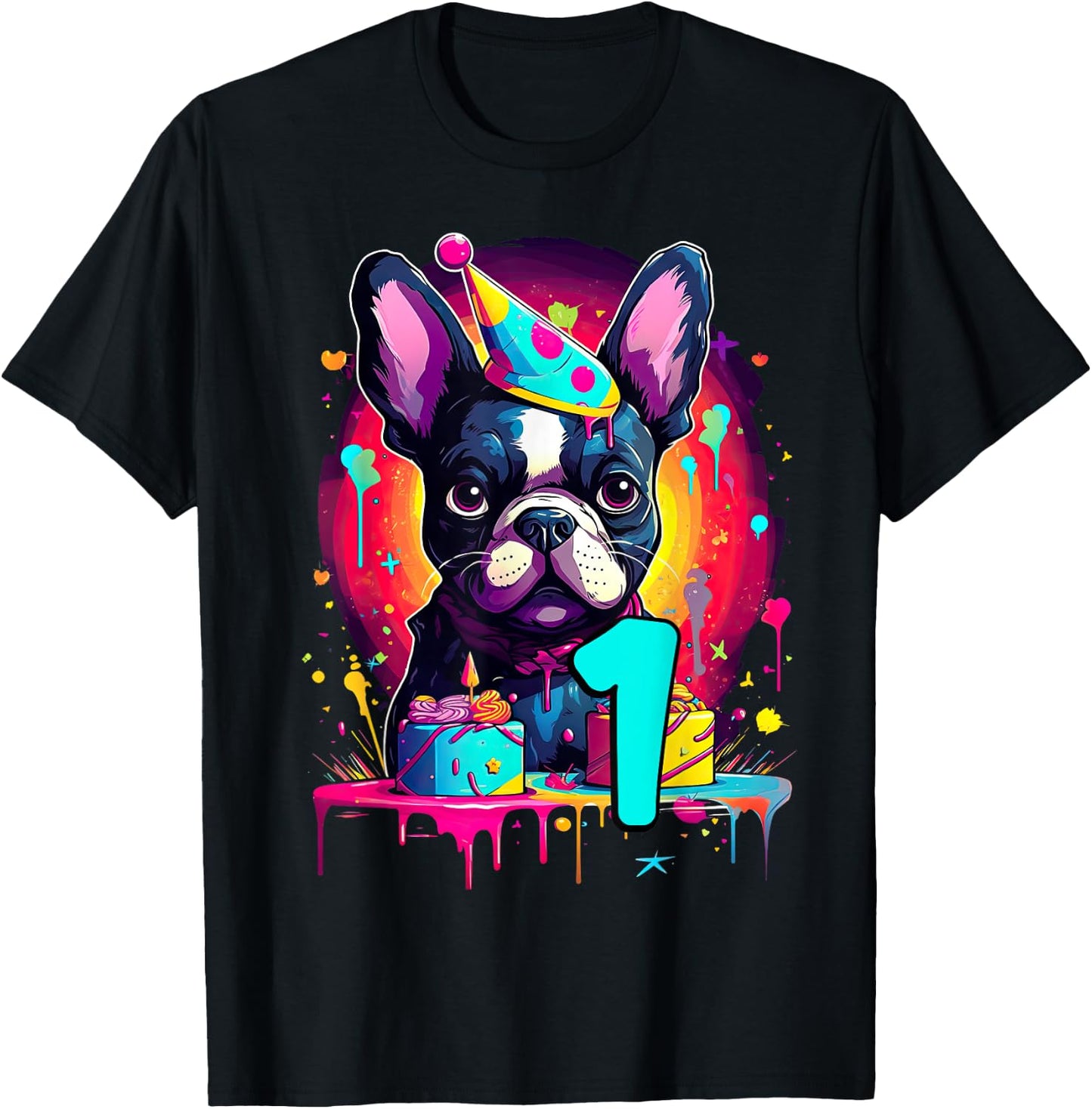 French Bulldog Dog 1st Birthday Themed Party 1 Years Old Men Women Girls Kids T-Shirt - T-Shirt | Black