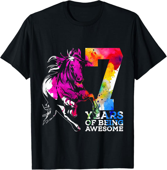 Horse 7 YEARS OF BEING AWESOME RIDING 7TH BIRTHDAY T-Shirt - T-Shirt | Black