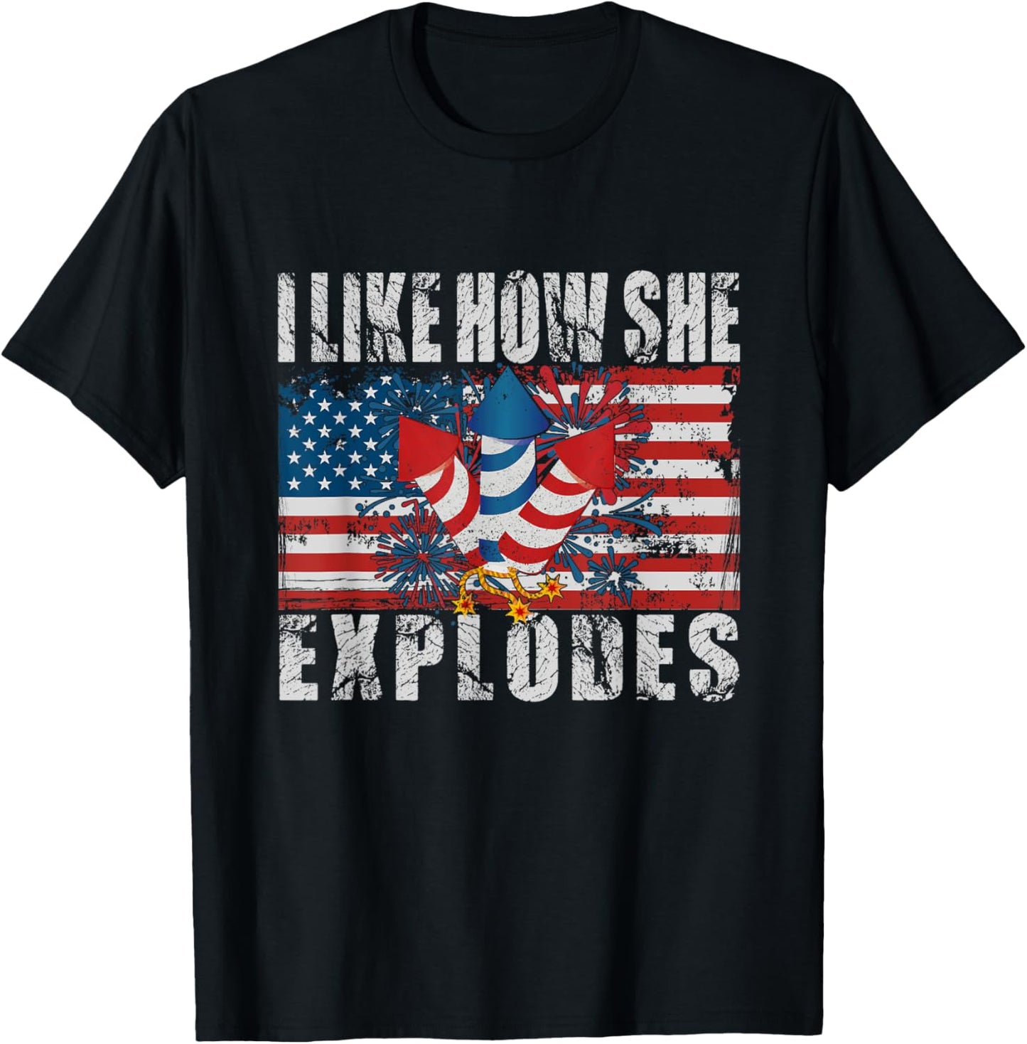 4th Of July I Like How She Explodes Firework USA Flag T-Shirt - T-Shirt | Black
