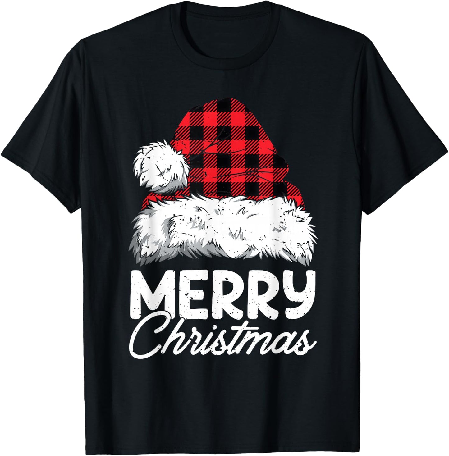 Merry Christmas Buffalo Plaid Red Santa Hat Xmas Pajamas T-Shirt - T-Shirt | Black
