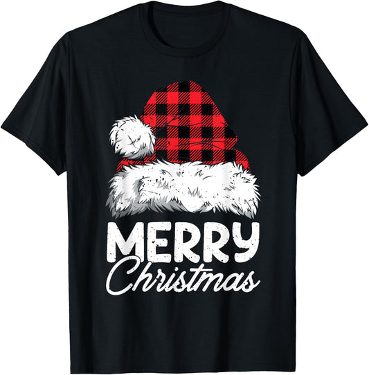 Merry Christmas Buffalo Plaid Red Santa Hat Xmas Pajamas T-Shirt - T-Shirt | Black