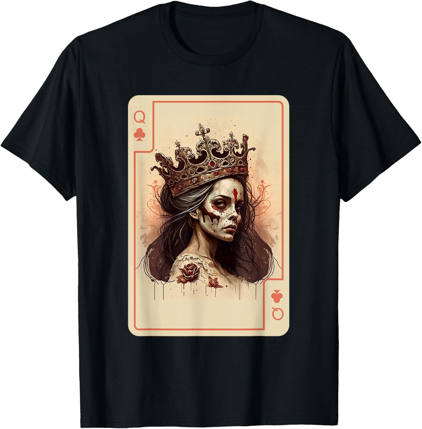 Gothic Halloween Card Game Creepy Poker Cards Queen of Clubs T-Shirt - T-Shirt | Black