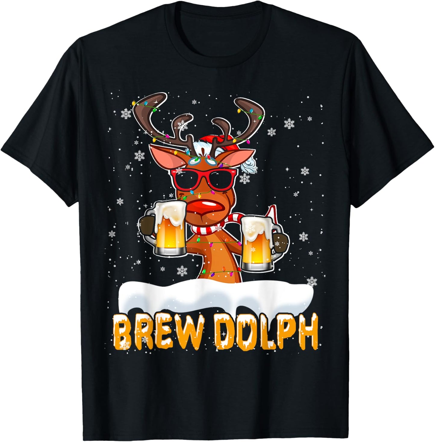 Brew Dolph Christmas Lights Santa Reindeer Beer Drinking T-Shirt - T-Shirt | Black