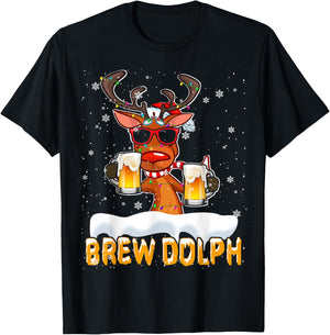 Brew Dolph Christmas Lights Santa Reindeer Beer Drinking T-Shirt - T-Shirt | Black