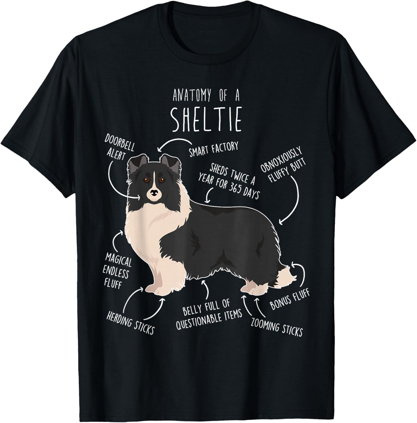 Bi Black Sheltie Shetland Sheepdog Anatomy, Funny Cute Pet Men Women Girls Kids T-Shirt - T-Shirt | Black