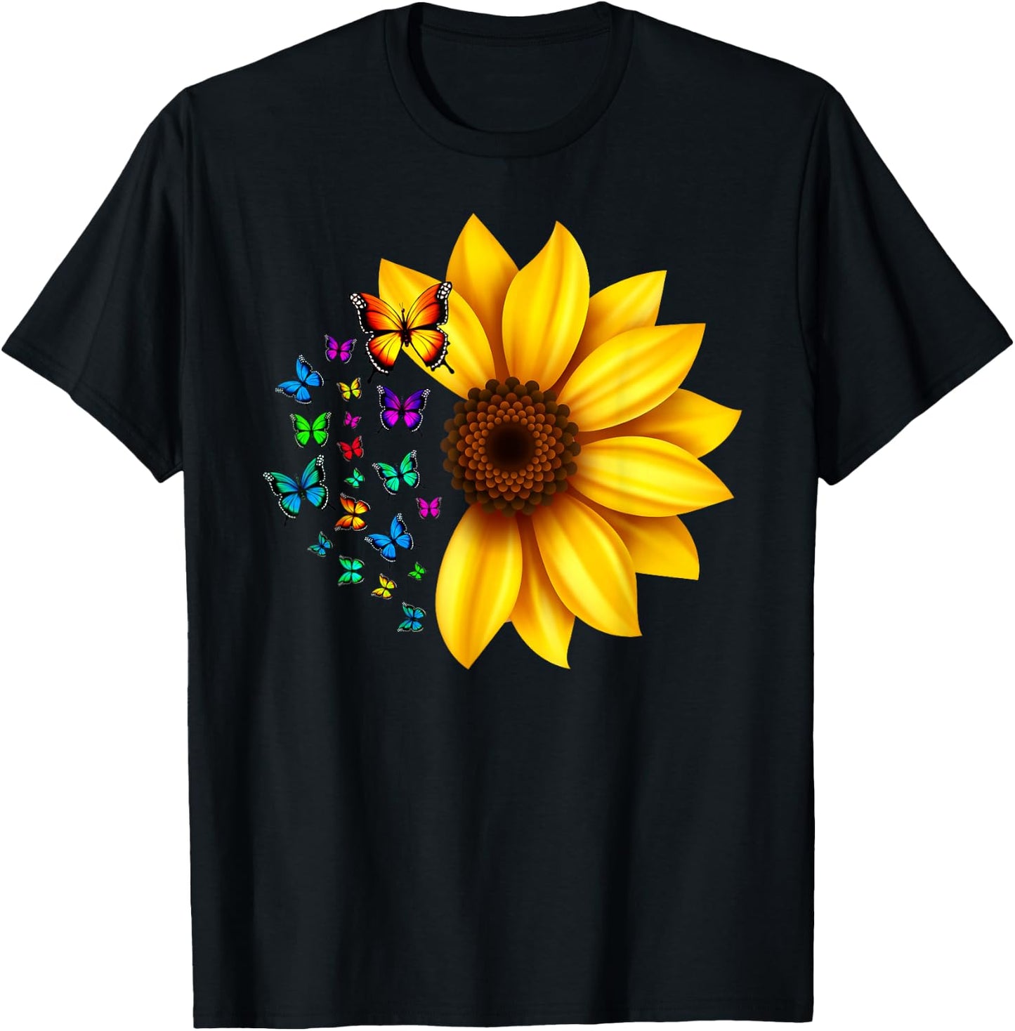 Sunflower Butterflies Design T-Shirt - T-Shirt | Black