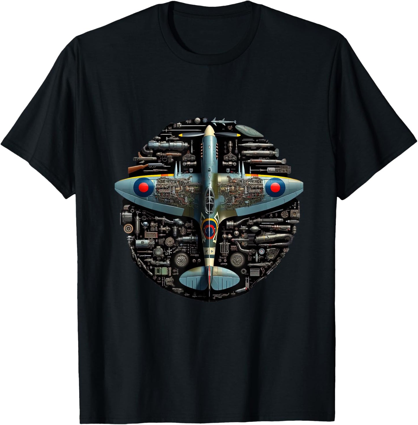 WW2 Warplane Spitfire Anatomy Assembly Parts Blueprint T-Shirt - T-Shirt | Black
