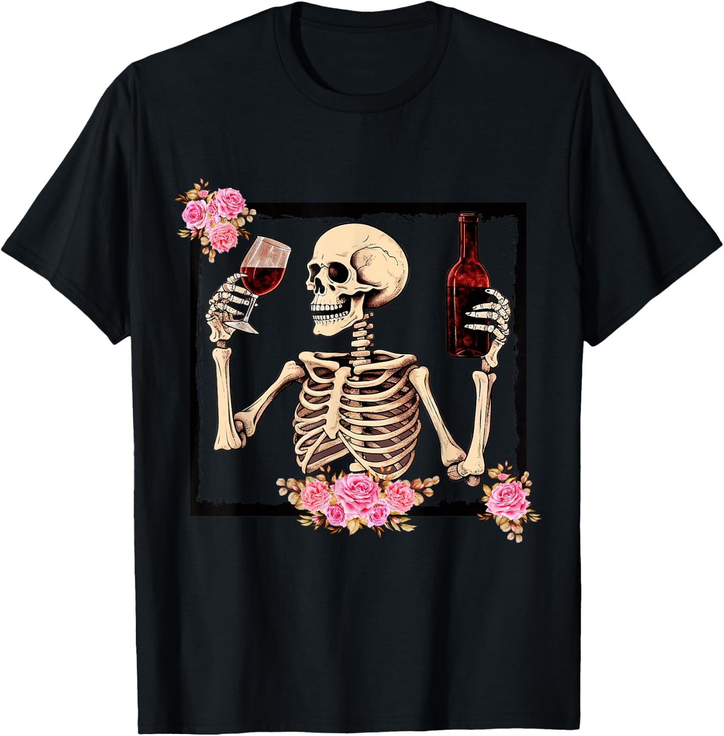 Halloween Funny Hallo-Wine Floral Skeleton Drinking Wine T-Shirt - T-Shirt | Black