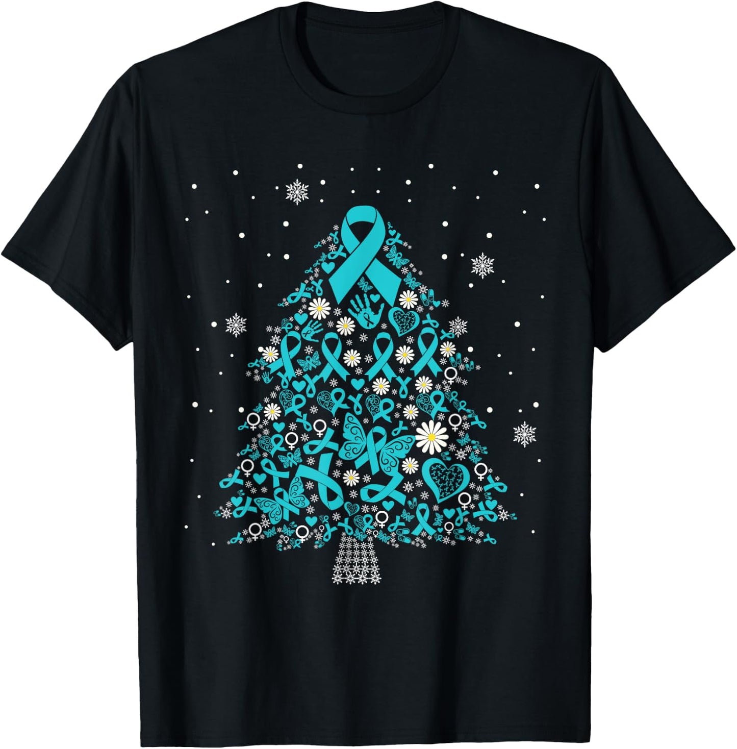 ovarian cancer awareness Christmas tree teal ribbon T-Shirt - T-Shirt | Black
