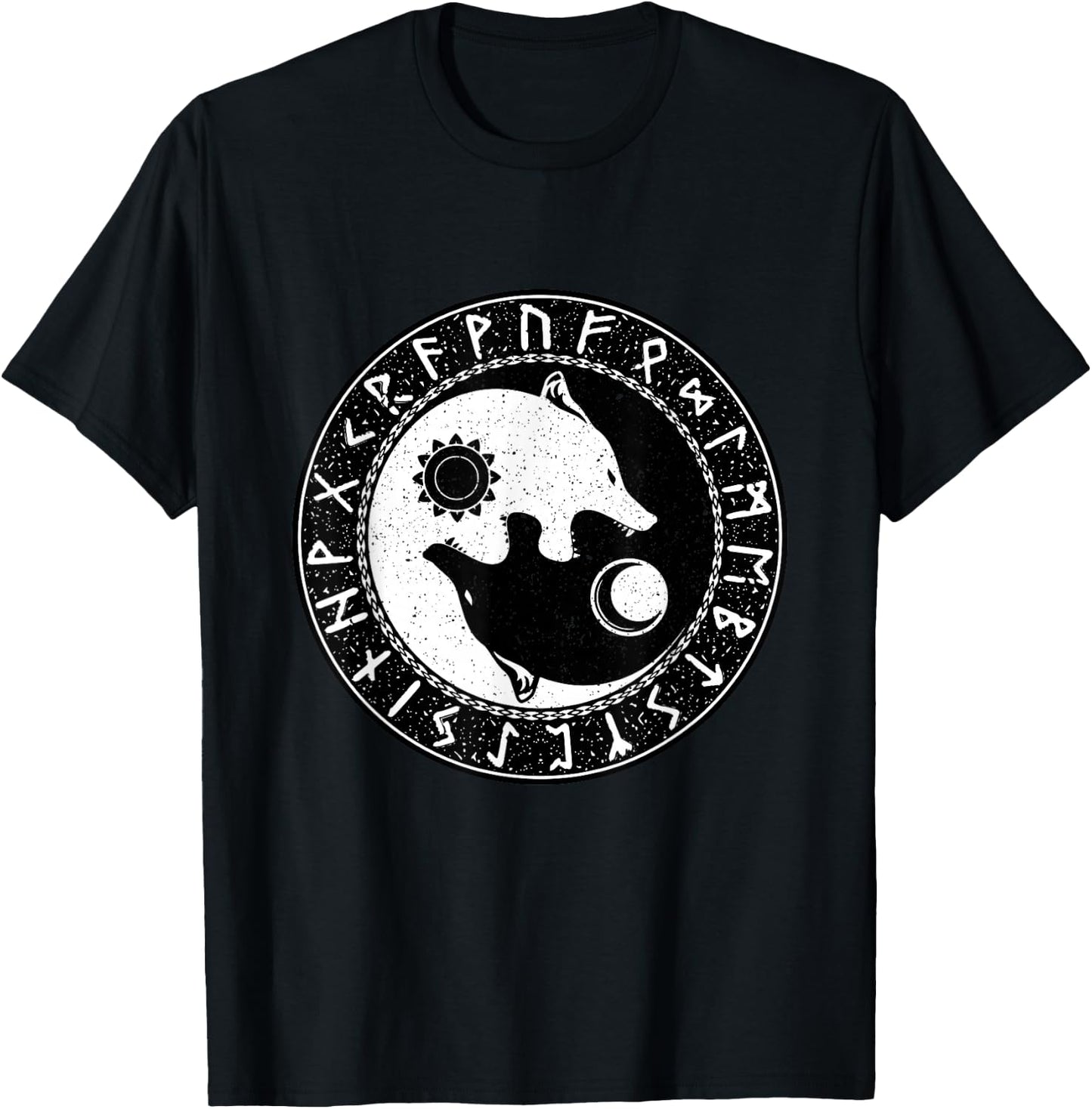Vintage Norse Mythology Ragnarok Skoll And Hati Viking Wolf T-Shirt - T-Shirt | Black