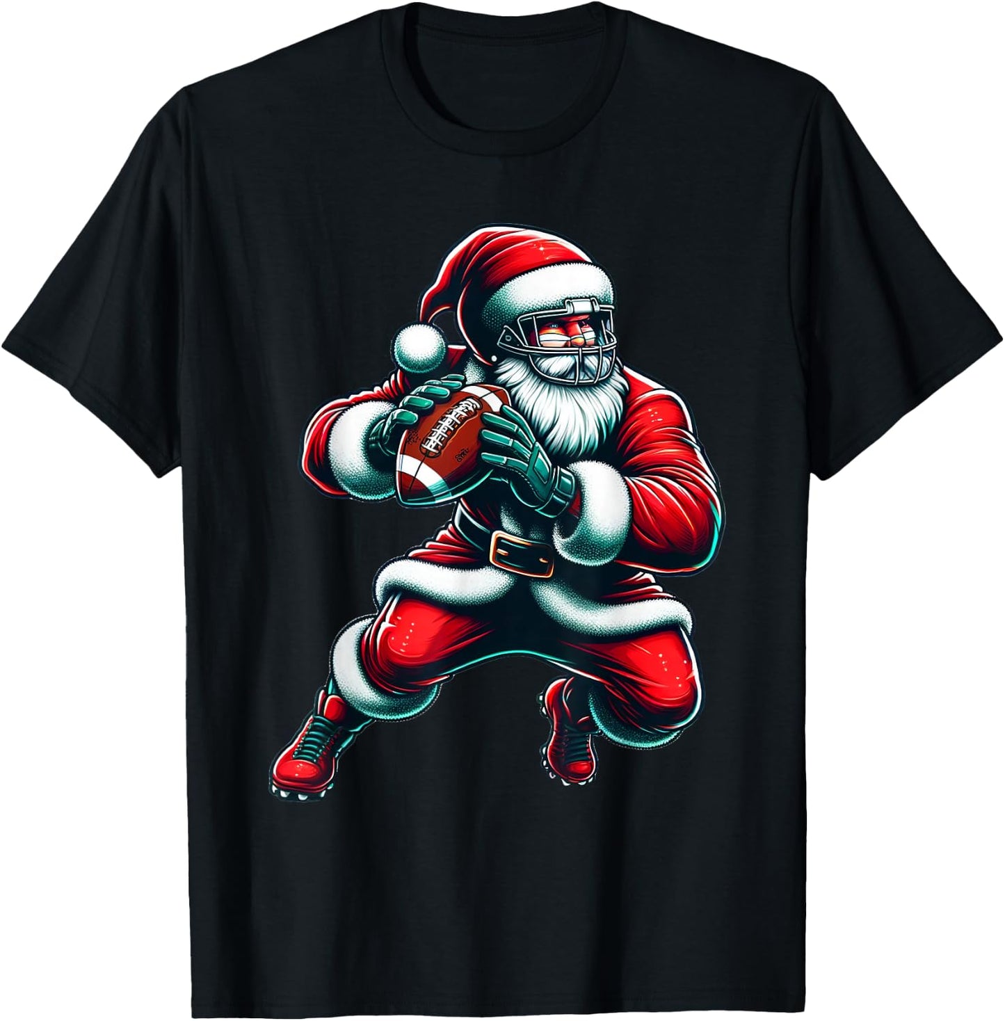 Santa Playing American Football Christmas Women Men Kids T-Shirt - T-Shirt | Black