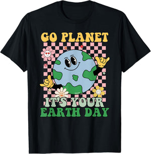 Go Planet Its Your Earth Day Peace Groovy Kids Boys Girls T-Shirt - T-Shirt | Black