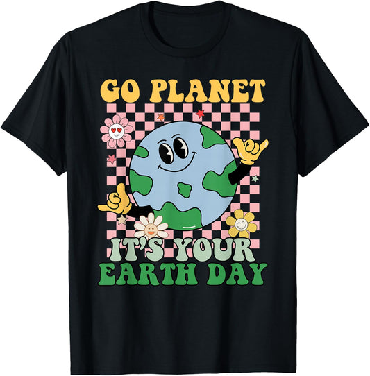 Go Planet Its Your Earth Day Peace Groovy Kids Boys Girls T-Shirt - T-Shirt | Black
