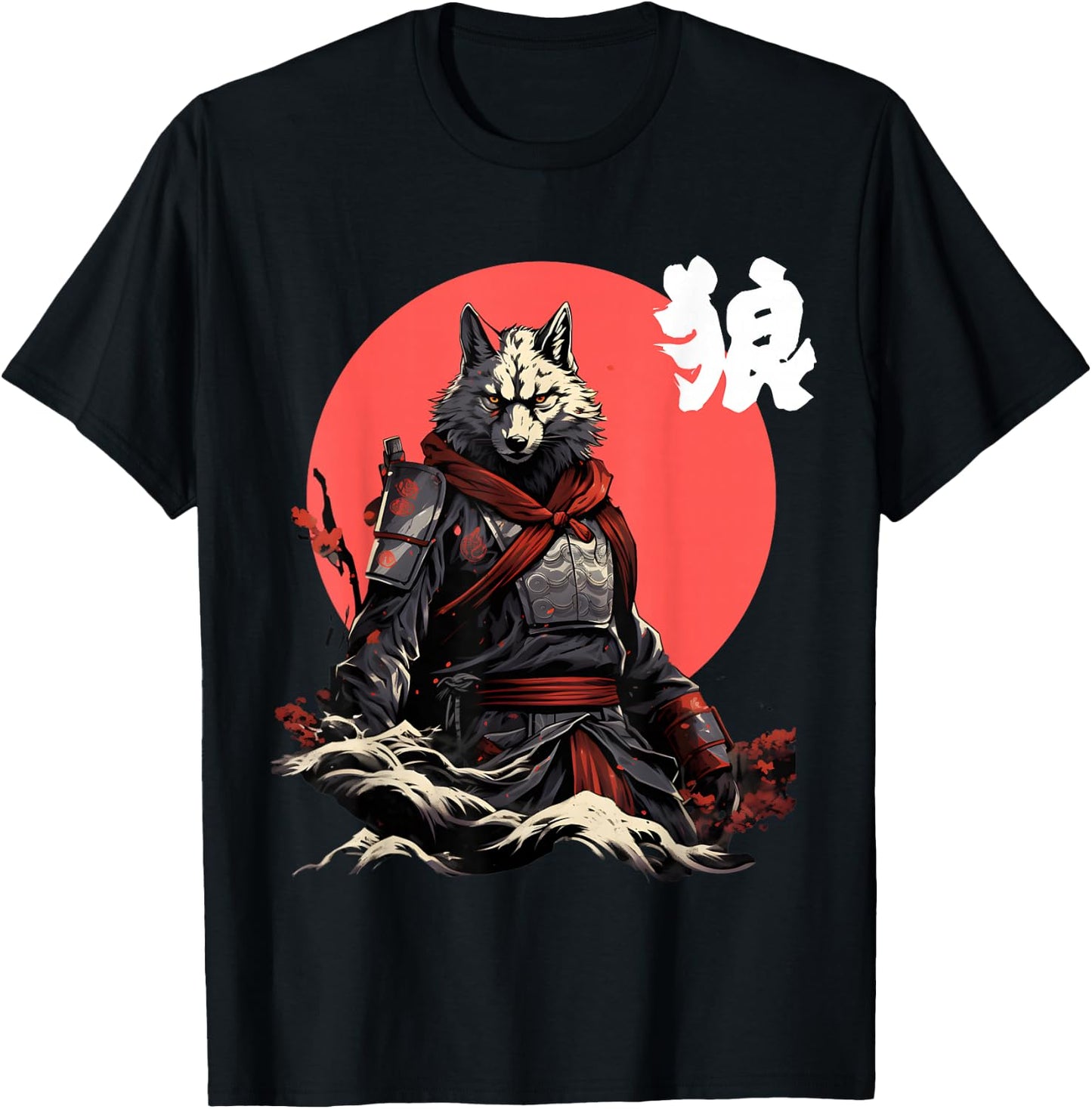 Japanese Wolf Ninja Japanese Character Cool Wolf T-Shirt - T-Shirt | Black