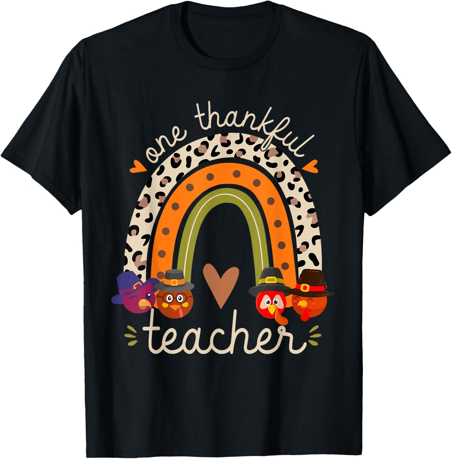 One Thankful Teacher Thanksgiving Turkey Rainbow Fall Funny T-Shirt - T-Shirt | Black