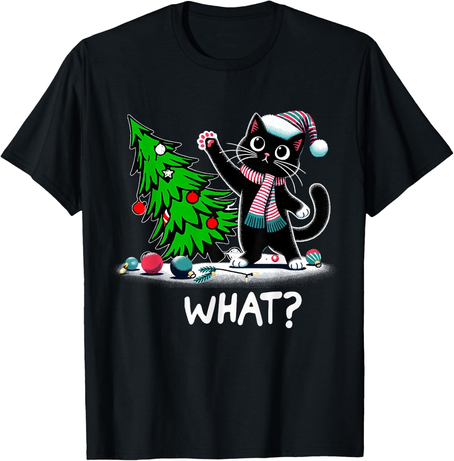 Black Cats Lovers Funny Black Cat Christmas Tree Lights What Men Women Kids T-Shirt - T-Shirt | Black