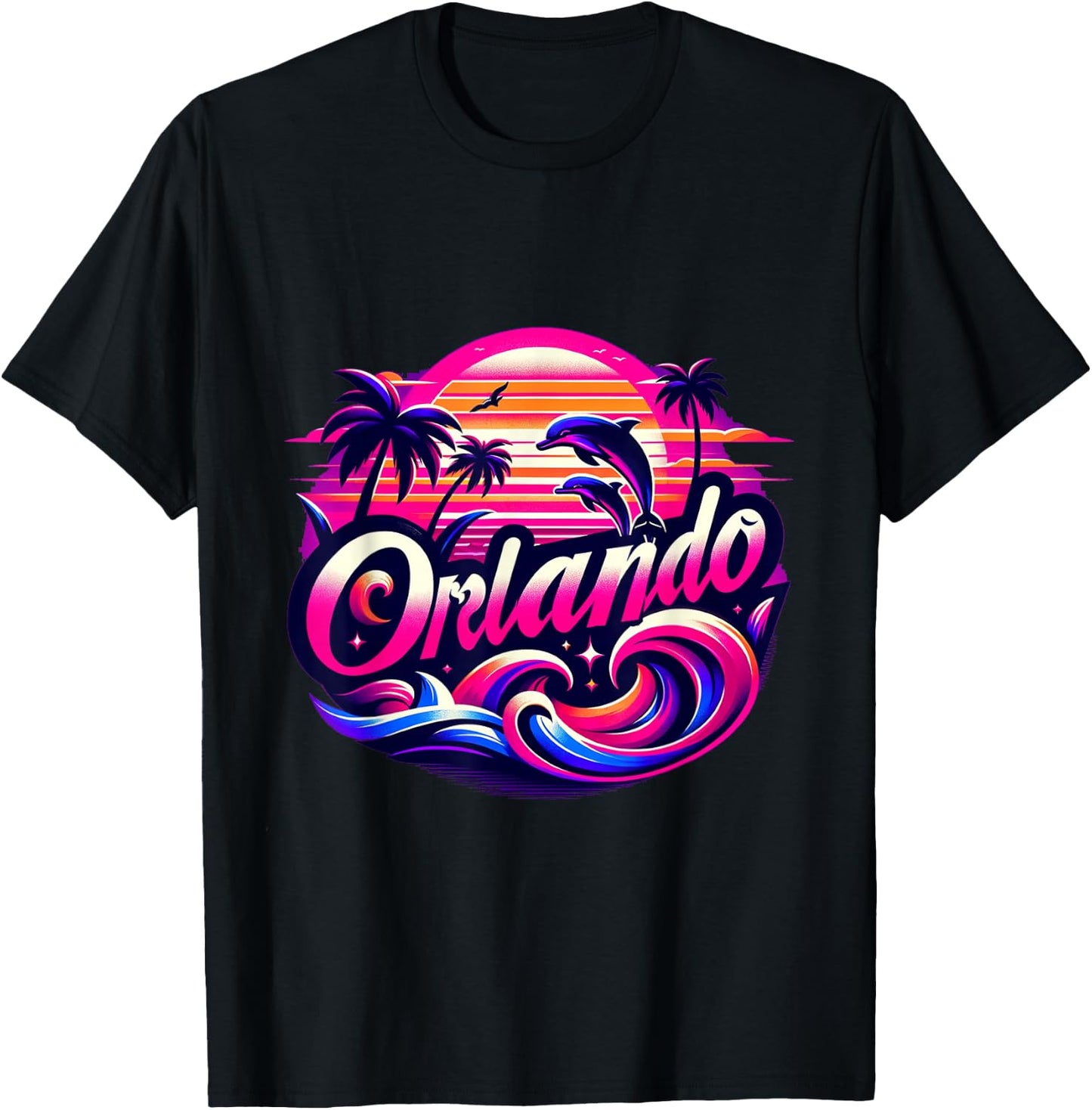 Orlando Beach, Florida with dolphins and palm trees. T-Shirt - T-Shirt | Black