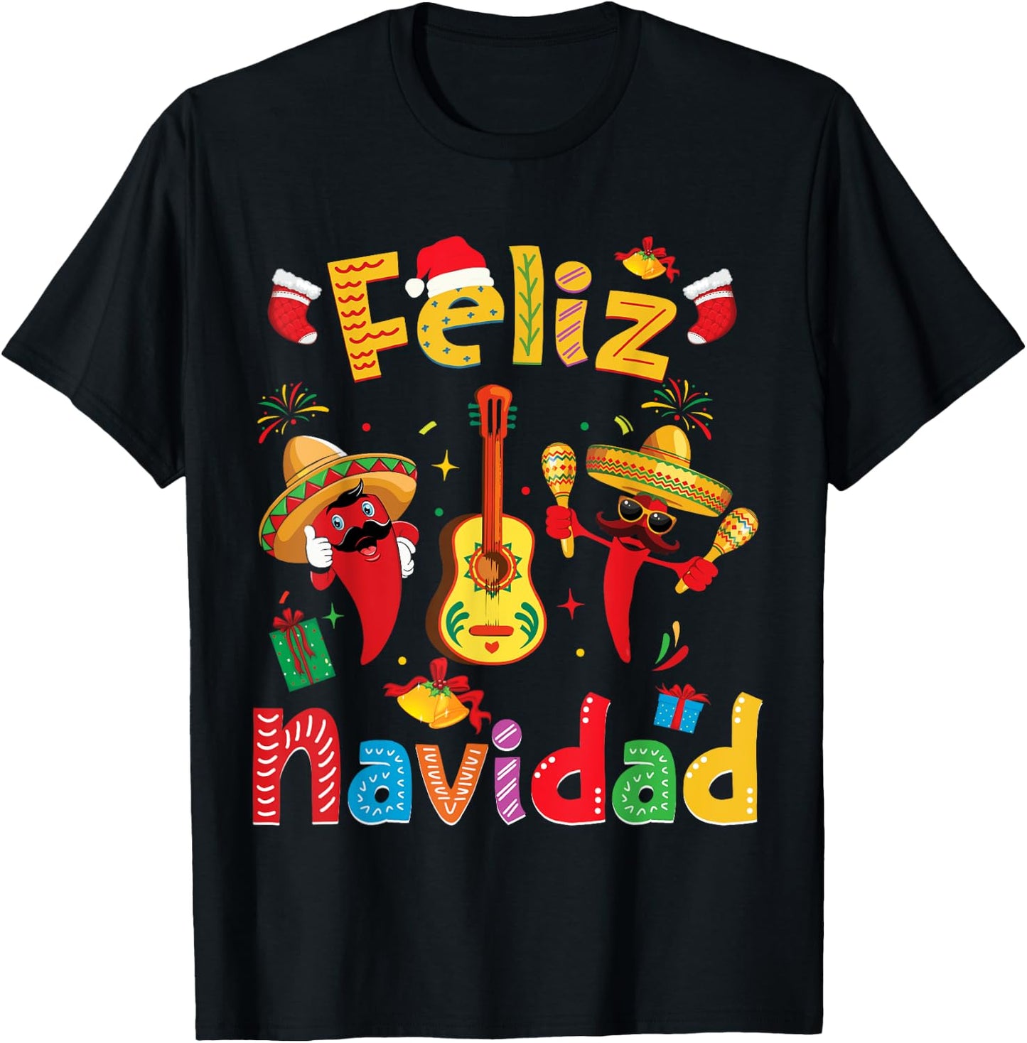 Feliz Navidad Mexican Fiesta Hot Pepper Guitar Xmas Party T-Shirt - T-Shirt | Black