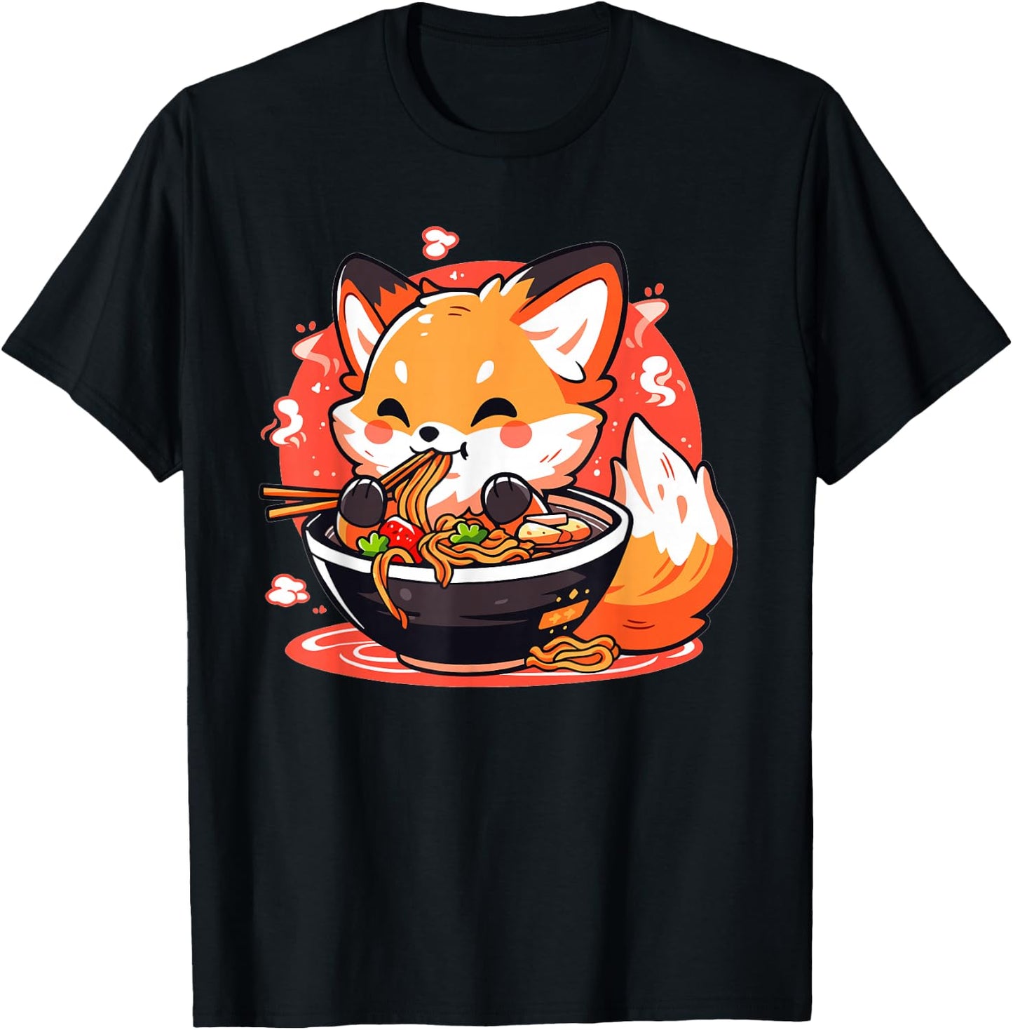 Fox Eating Ramen Cute Kawaii Japanese Anime Girls Teens Kids T-Shirt - T-Shirt | Black
