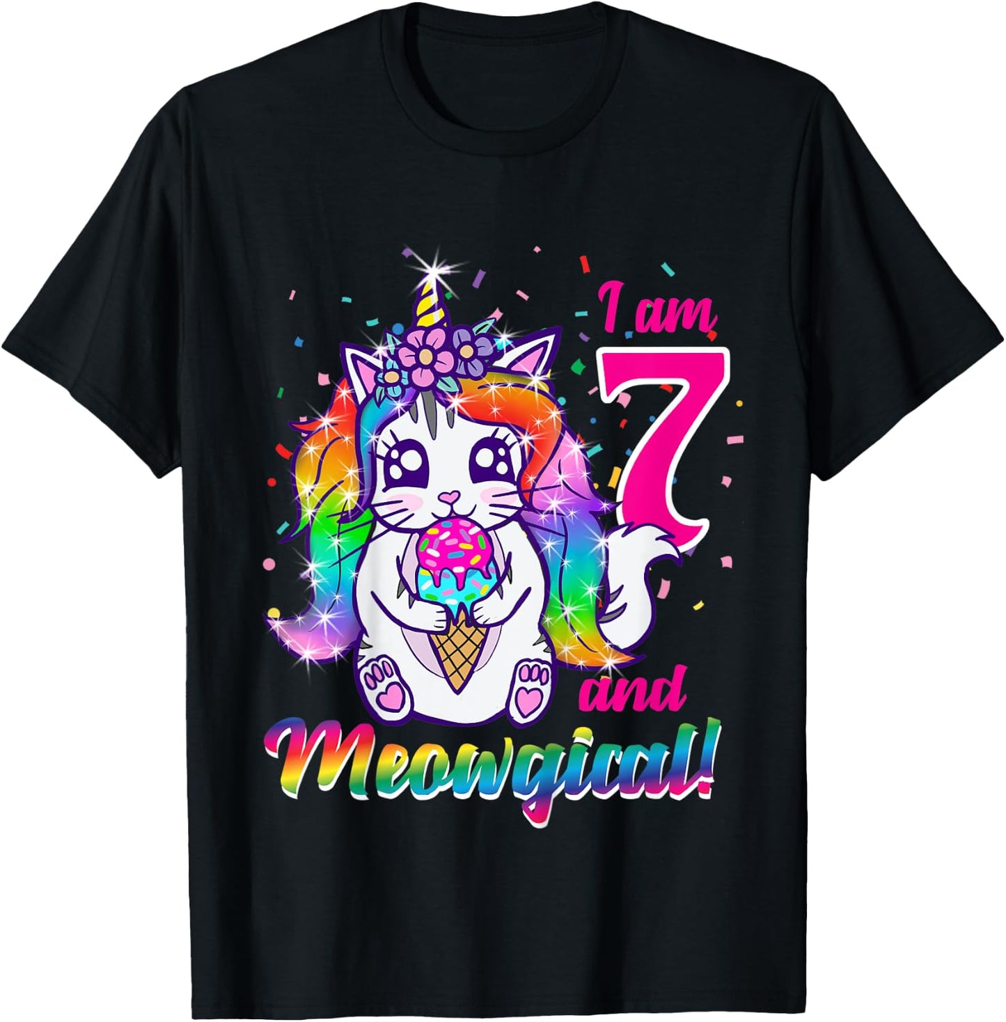 Kids I am 7 and meowgical caticorn kittycorn birthday theme party T-Shirt - T-Shirt | Black