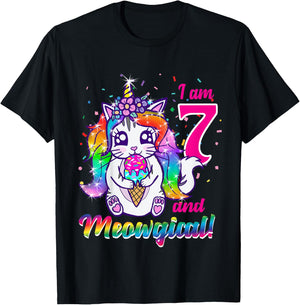 Kids I am 7 and meowgical caticorn kittycorn birthday theme party T-Shirt - T-Shirt | Black