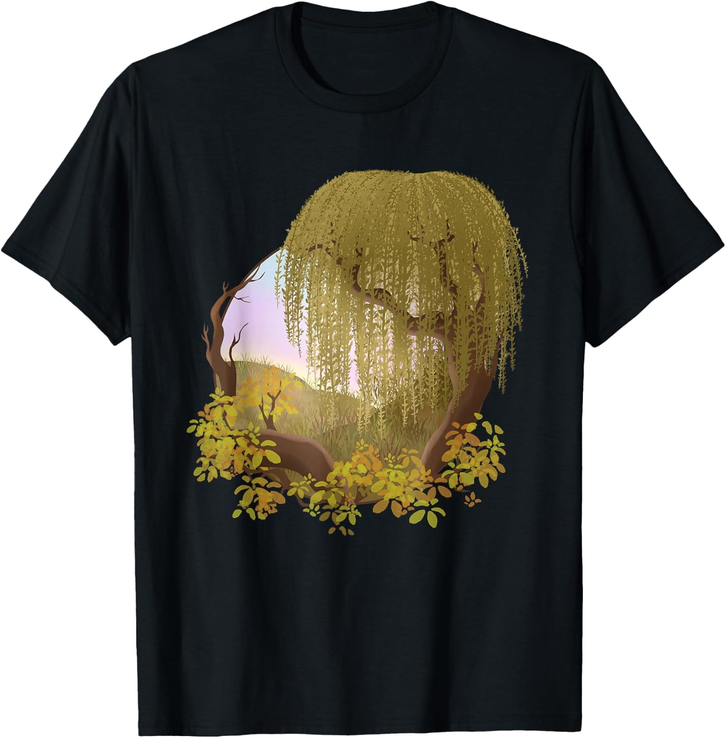 Hill Landscape with Tree Weeping Willow T-Shirt - T-Shirt | Black