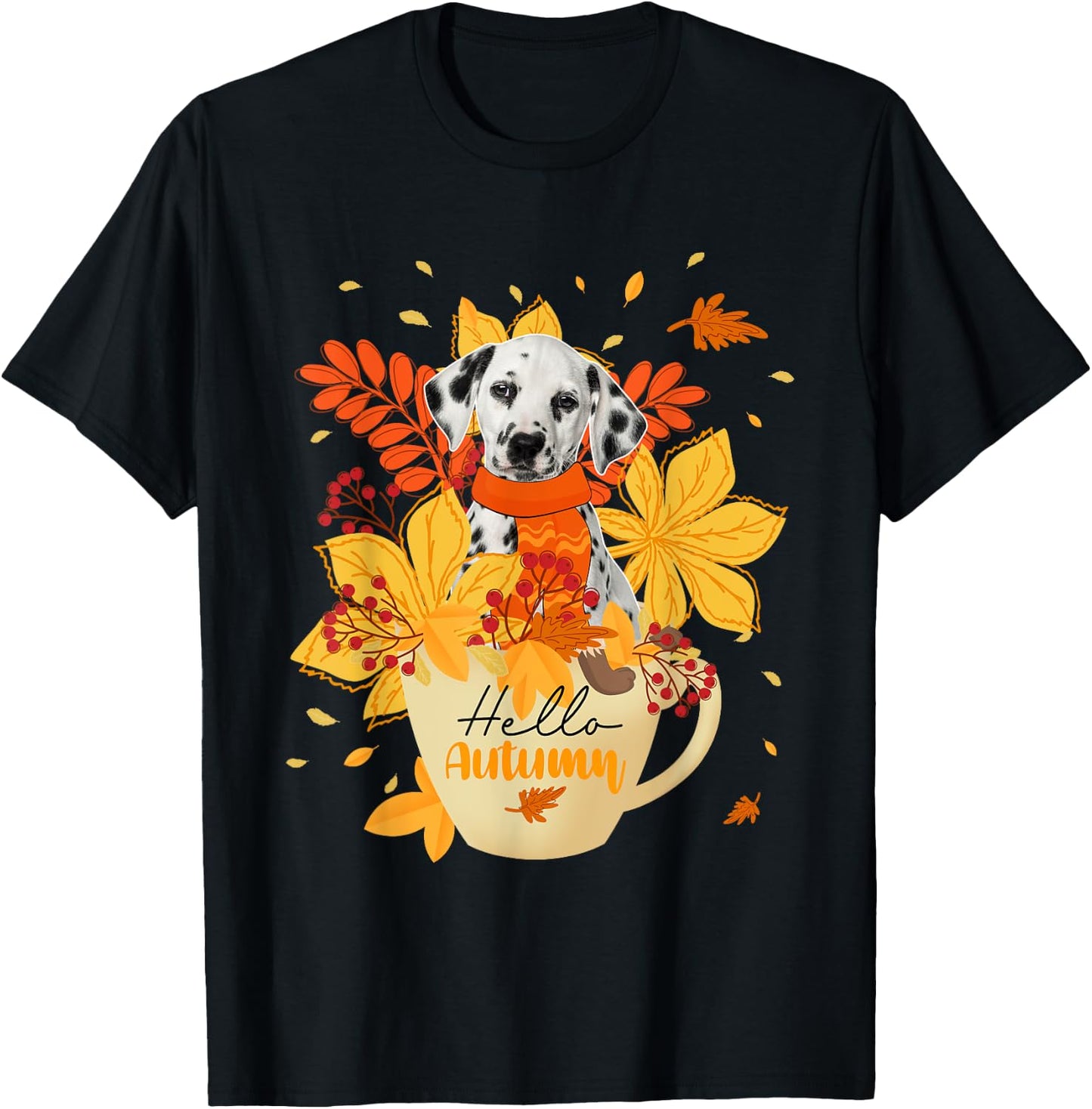 Hello Autumn Thanksgiving Dalmatian Inside Cup Fall Leaves T-Shirt - T-Shirt | Black