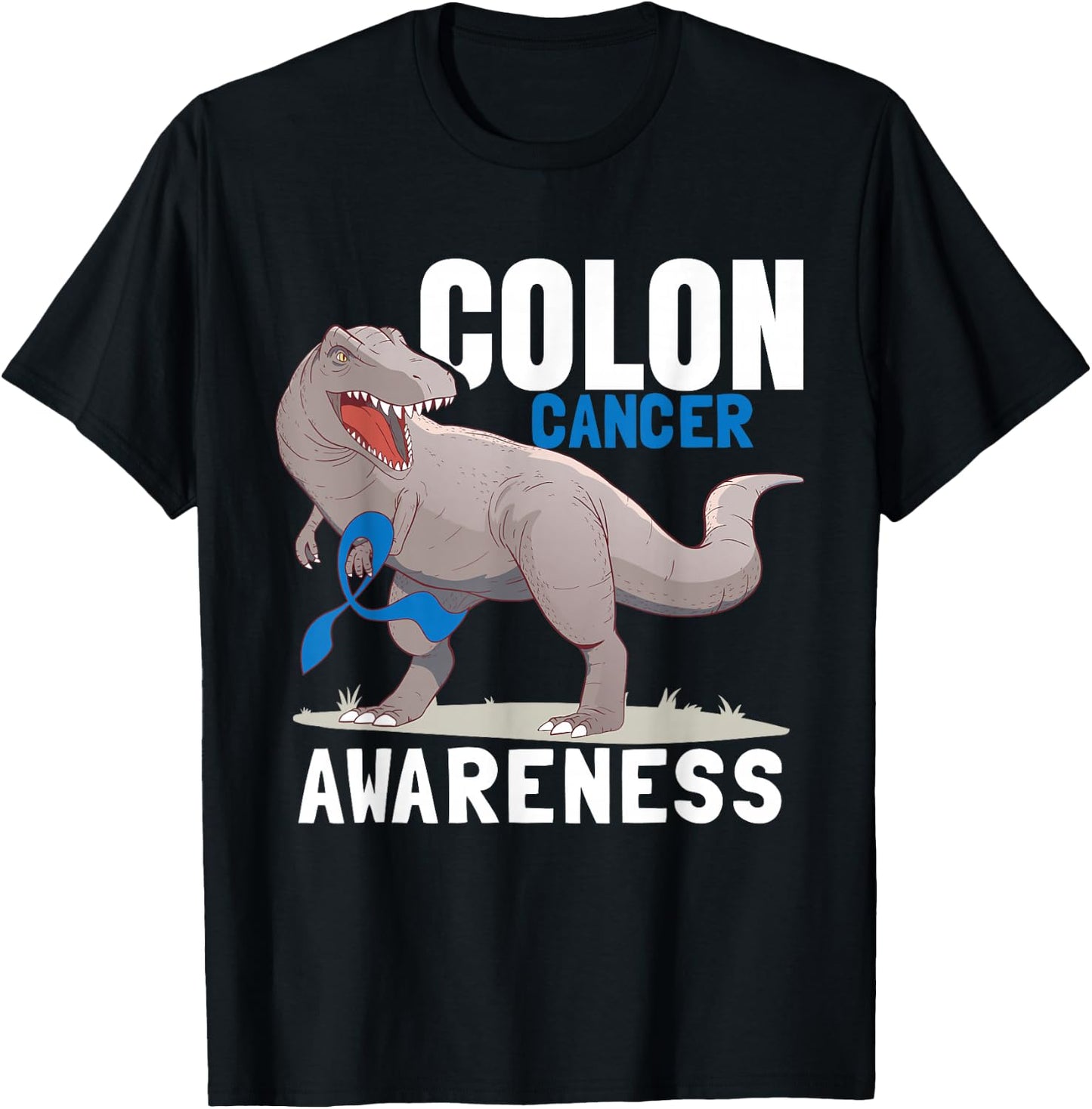 Dinosaur Blue Ribbon Colorectal Colon Cancer Awareness T-Shirt - T-Shirt | Black