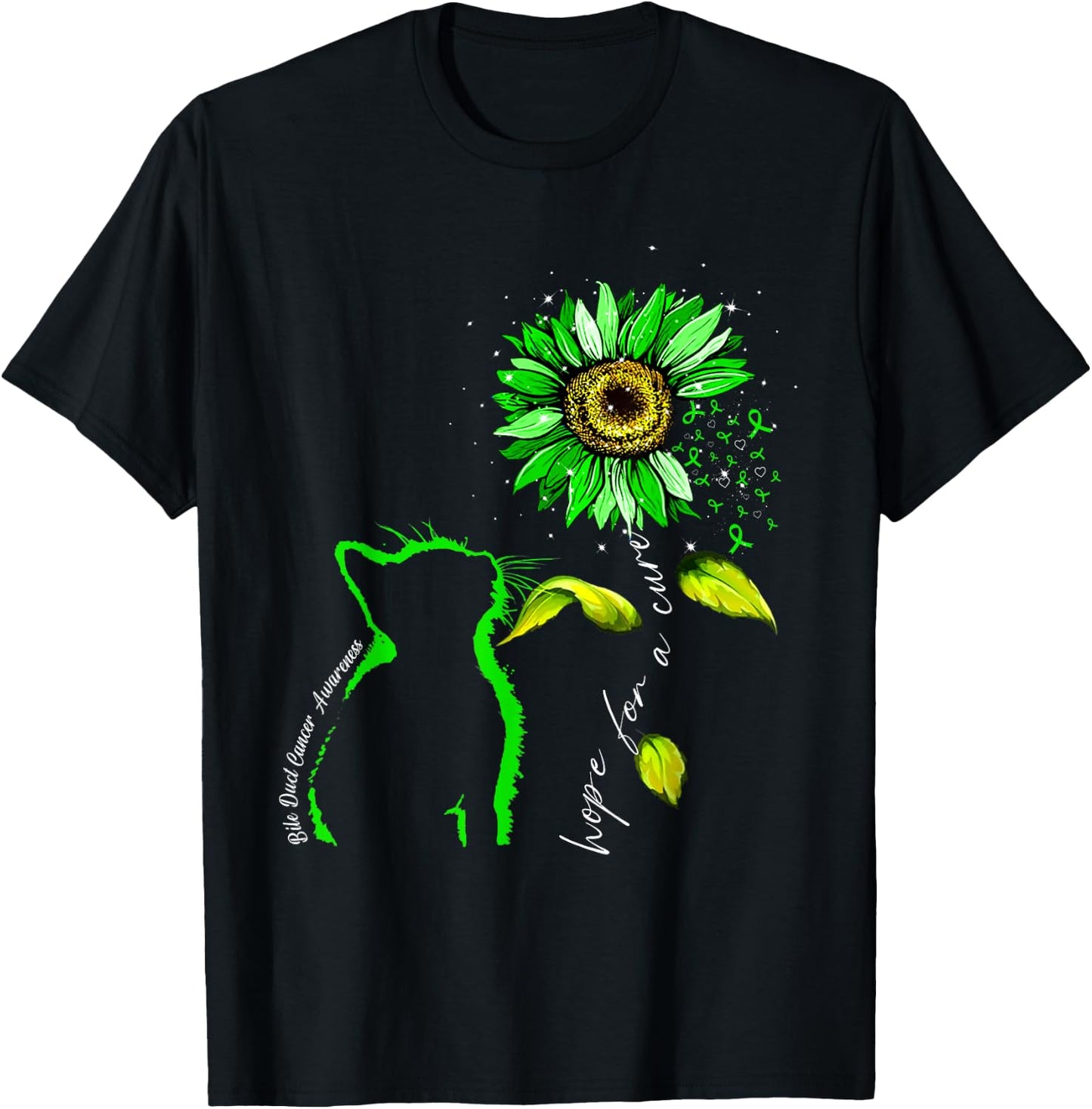 Sunflower Cat Green Bile Duct Cancer Awareness T-Shirt - T-Shirt | Black