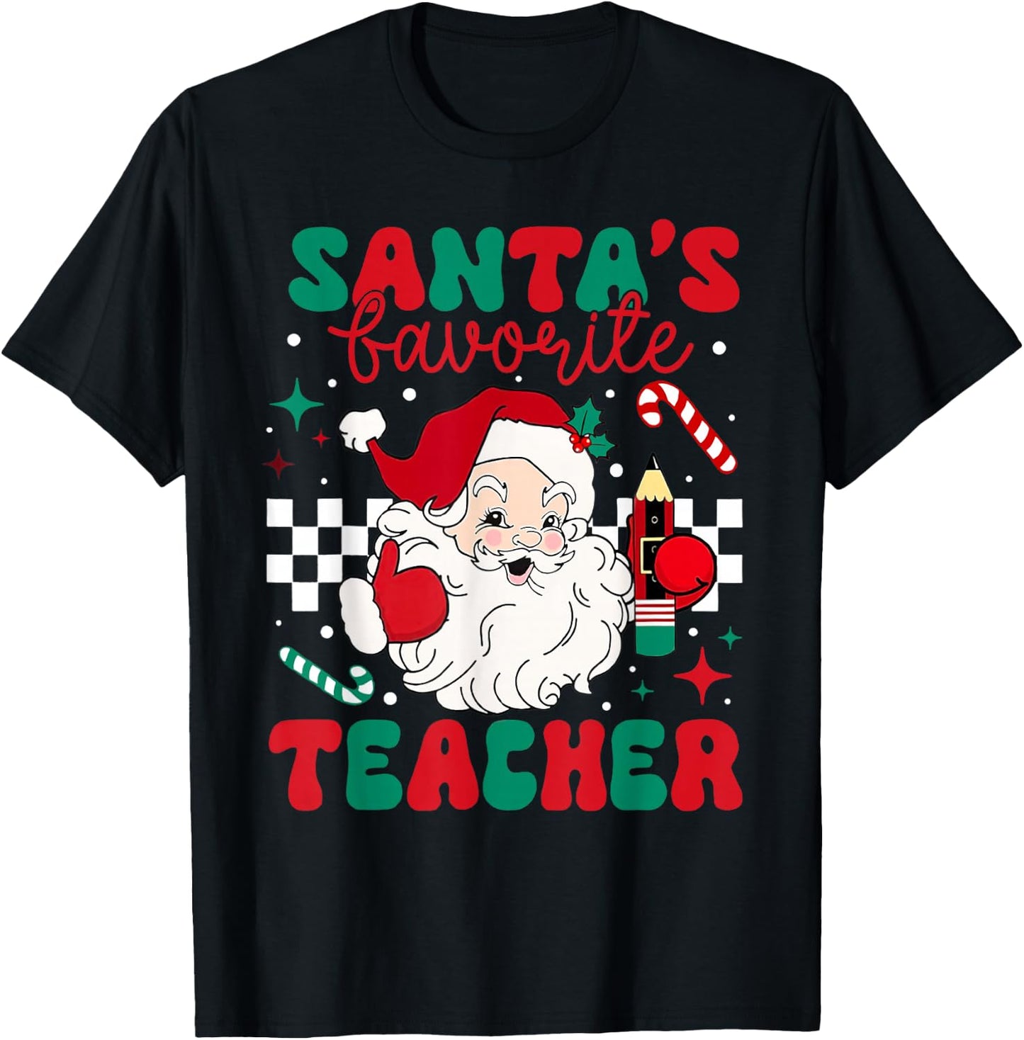 Santa's Favorite Teacher Christmas Retro Xmas Santa Claus PJ T-Shirt - T-Shirt | Black