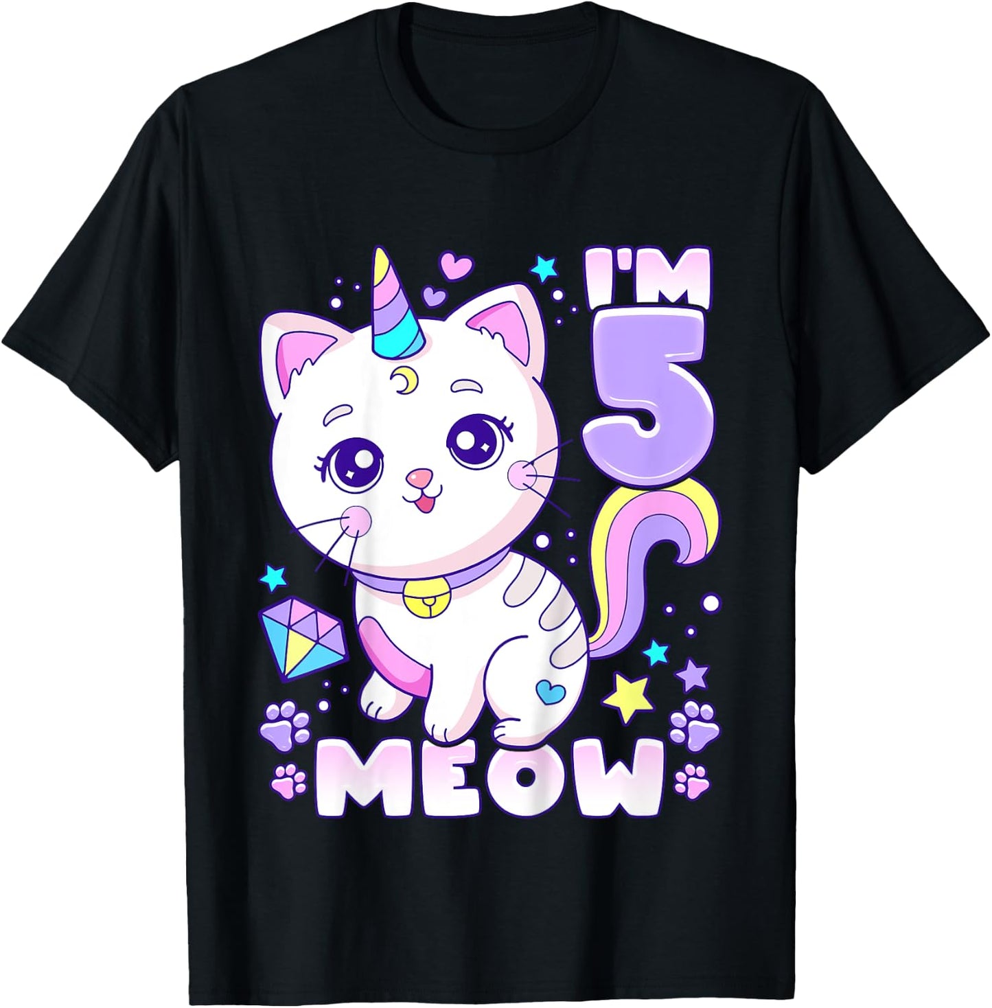 Birthday girl 5 years old, cat, unicorn, 5th birthday T-Shirt - T-Shirt | Black