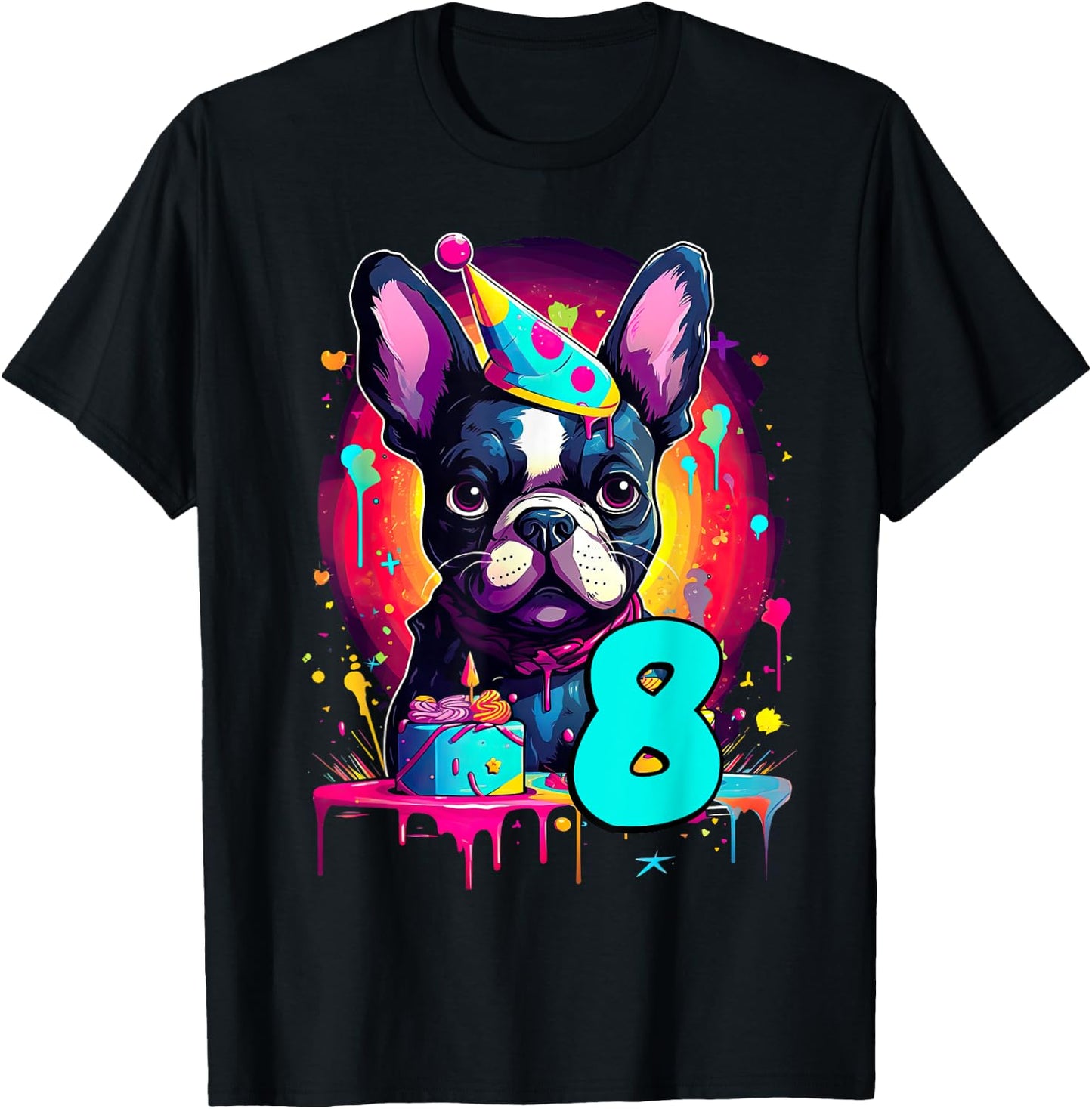 French Bulldog Dog 8th Birthday Themed Party 8 Years Old T-Shirt - T-Shirt | Black