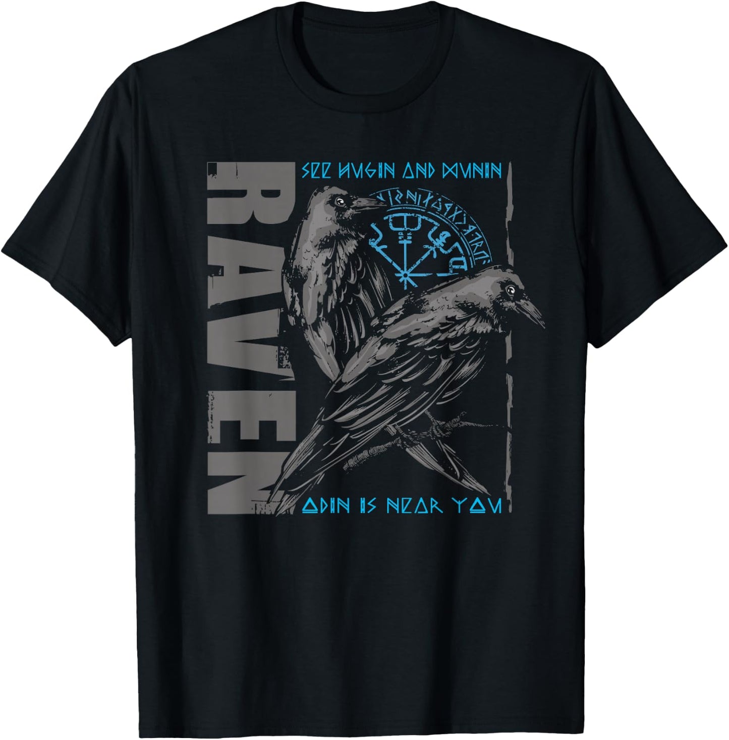 Valhalla Raven Ravens Odin's Runes Norse Compass Viking T-Shirt - T-Shirt | Black