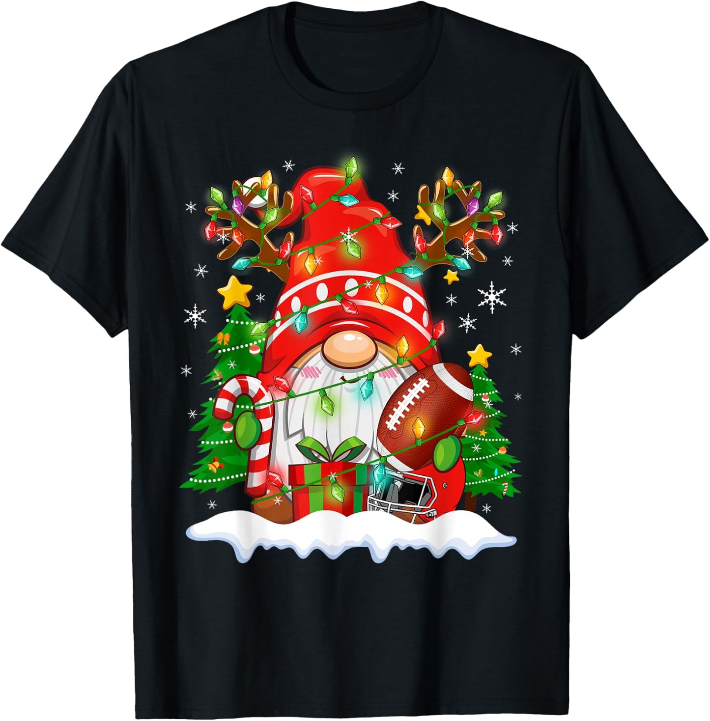 Funny Reindeer Gnome & Football Ball Christmas Lights Xmas T-Shirt - T-Shirt | Black