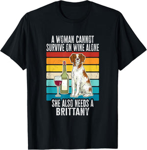 Brittany Spaniel Wine Retro Vintage Brittany Dog Men Women T-Shirt - T-Shirt | Black