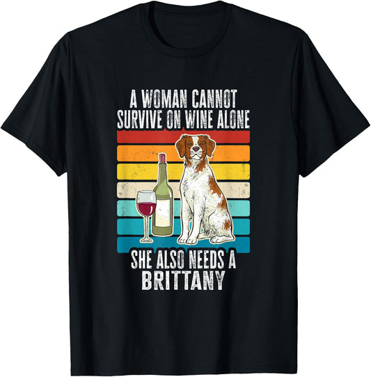 Brittany Spaniel Wine Retro Vintage Brittany Dog Men Women T-Shirt - T-Shirt | Black