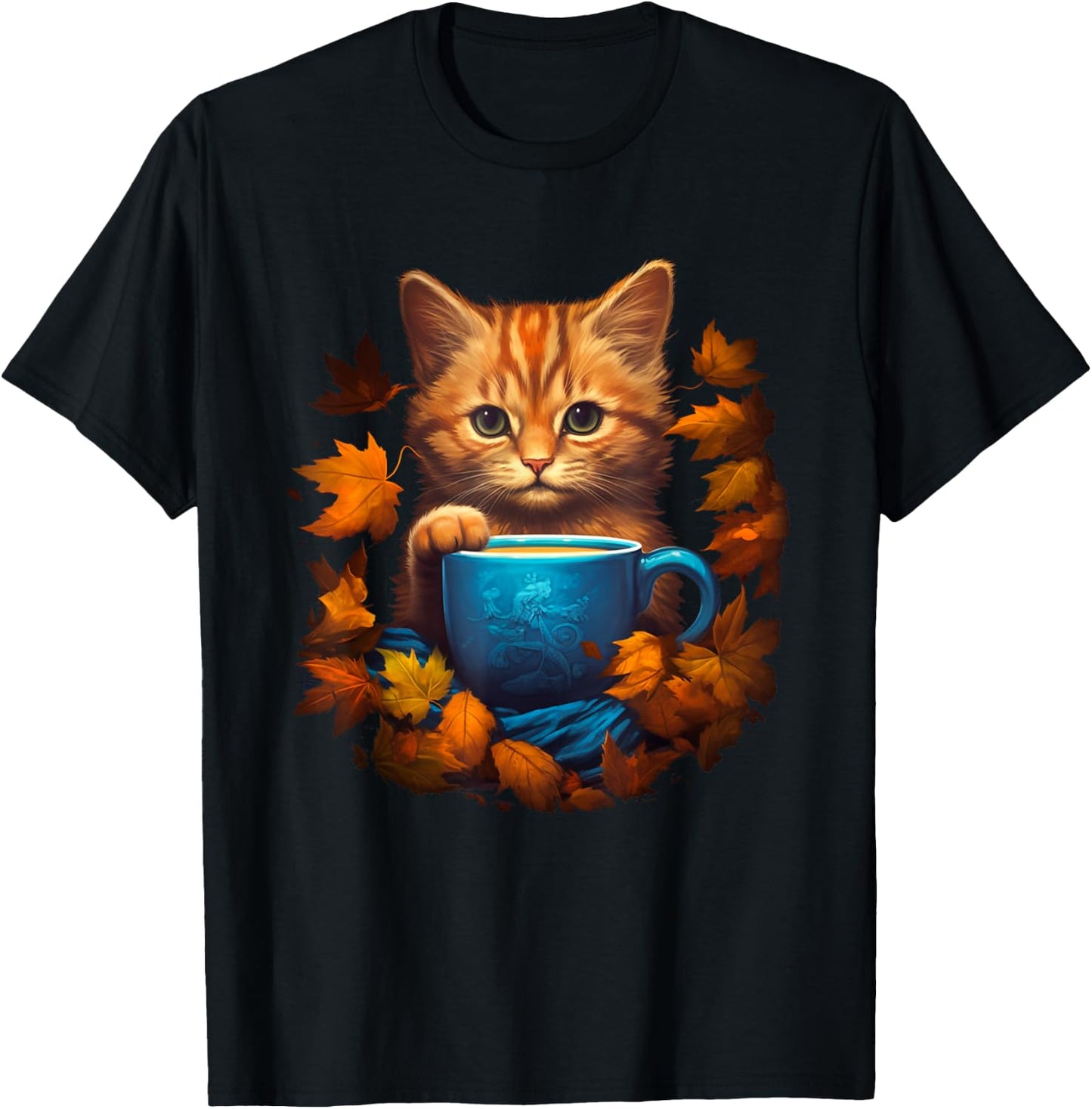Funny Cat & Coffee Fall Autumn Leaves For Cat Lovers Costume Men Women T-Shirt - T-Shirt | Black